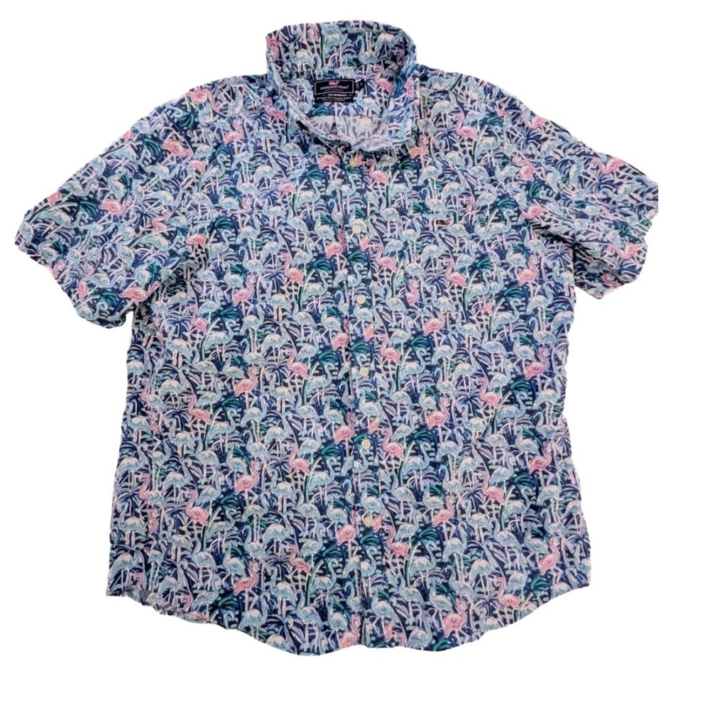 Vinyard Vines Graphic Print Hawaiian Blue Pink Button Down‎ Size L Tropical